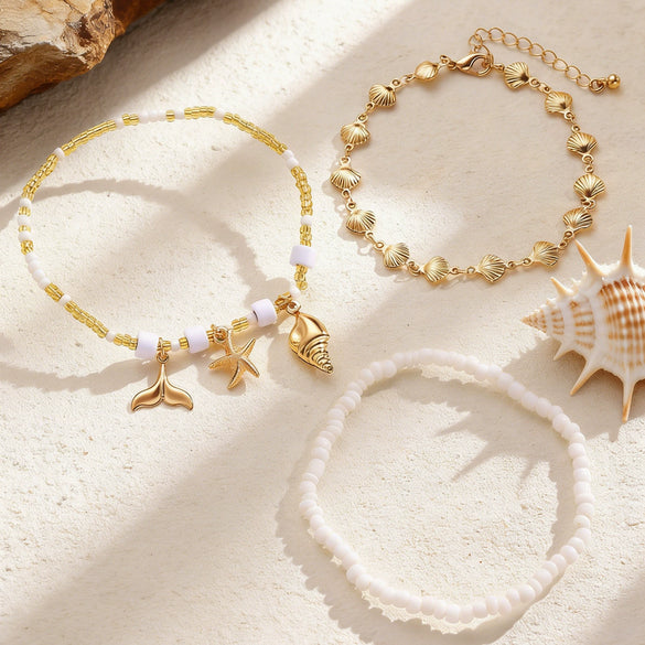 Wholesale Women's Minimalist Starfish Anklet Set Alloy Beaded Decoration Accessories