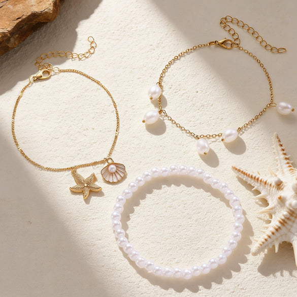 Wholesale Women's Minimalist Starfish Anklet Set Alloy Beaded Decoration Accessories