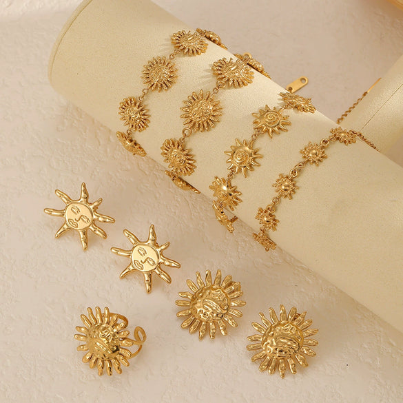 Wholesale Women's Minimalist Sunflower Stainless Steel Jewelry Set Real Gold Plated Bracelet Earrings