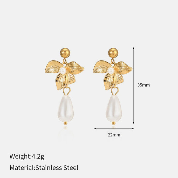 Wholesale Women's Minimalist Threedimensional Flower Pendant Tassel Stainless Steel Goldplated Resin Electroplated Earrings