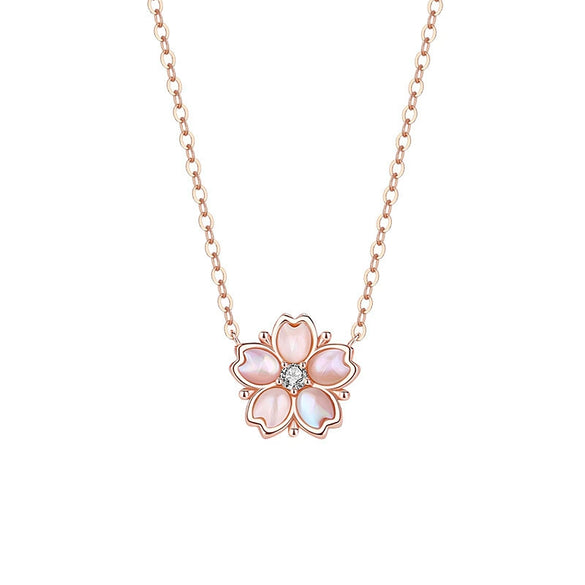 Wholesale Women's Mori Style Cherry Blossom Geometric Flower Inlaid Zircon S925 Sterling Silver Rotating Necklace