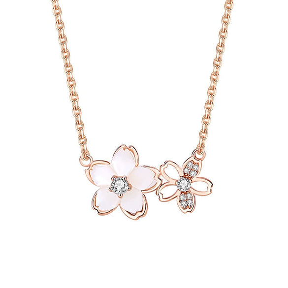 Wholesale Women's Mori Style Cherry Blossom Geometric Flower Inlaid Zircon S925 Sterling Silver Rotating Necklace