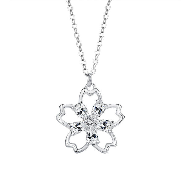 Wholesale Women's Mori Style Cherry Blossom Geometric Flower Inlaid Zircon S925 Sterling Silver Rotating Necklace