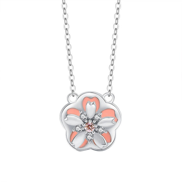 Wholesale Women's Mori Style Cherry Blossom Geometric Flower Inlaid Zircon S925 Sterling Silver Rotating Necklace