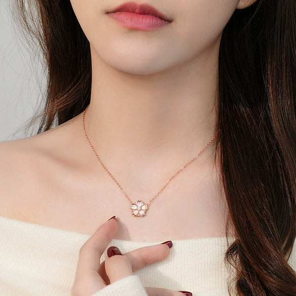 Wholesale Women's Mori Style Cherry Blossom Geometric Flower Inlaid Zircon S925 Sterling Silver Rotating Necklace