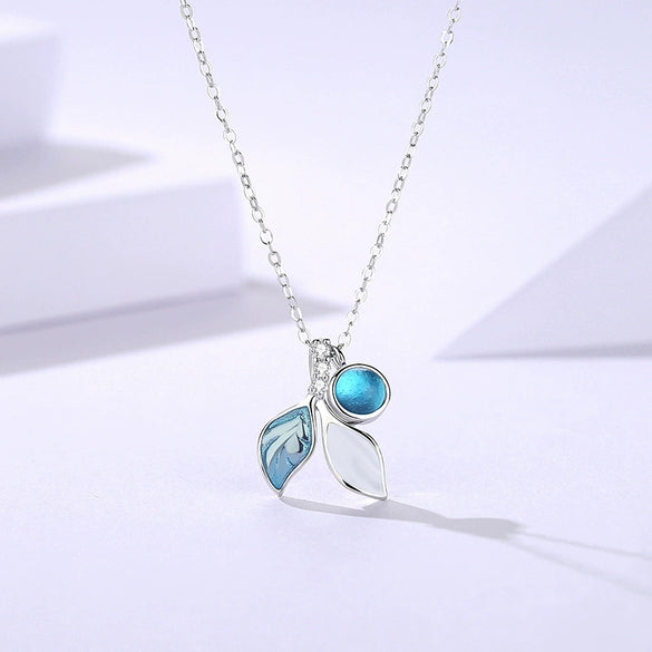 Wholesale Women's Mori Style Leaf Pendant Necklace With Gem Inlaid S925 Sterling Silver And Cross Chain