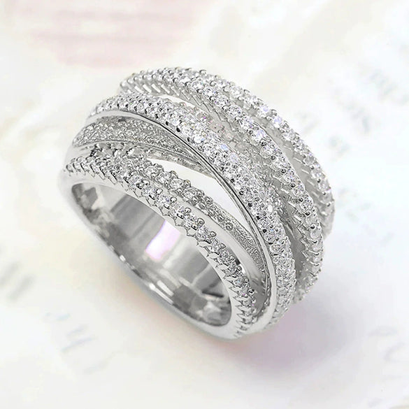 Wholesale Women's Multi Layer Cross Ring Copper Material Geometric Style Micro Inlaid Zirconia