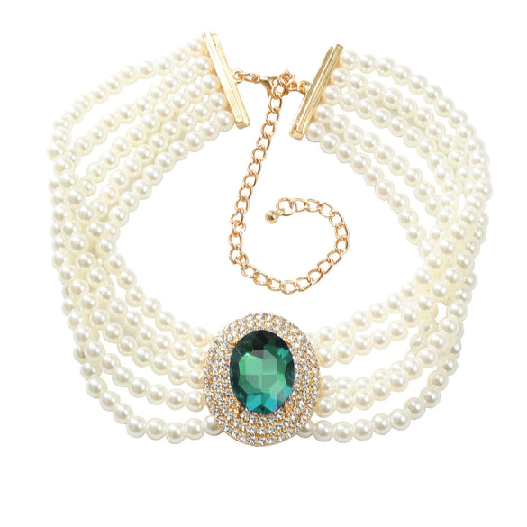 Wholesale Women's Multi Layer Imitation Pearl Necklace With Alloy Oval Pendant And Snake Bone Chain Geometric Diamond Design