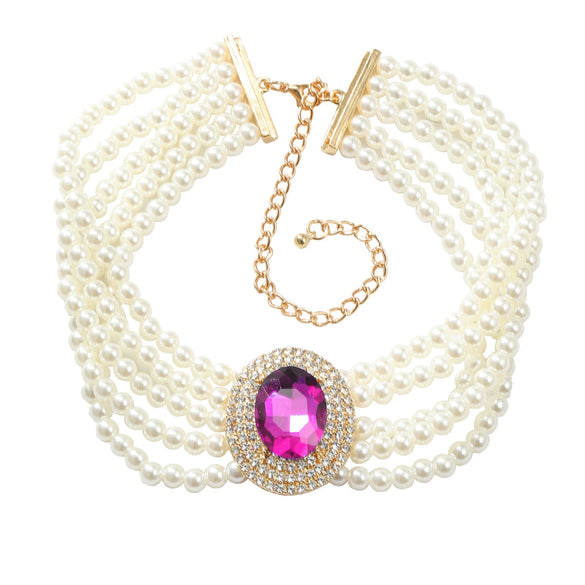 Wholesale Women's Multi Layer Imitation Pearl Necklace With Alloy Oval Pendant And Snake Bone Chain Geometric Diamond Design