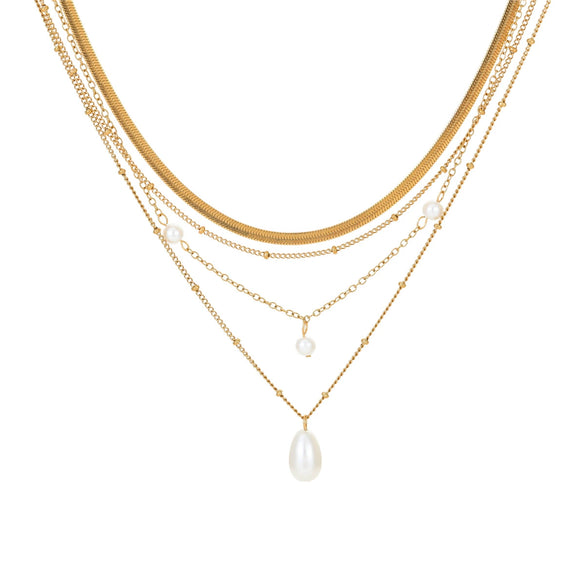Wholesale Women's Multi Layer Water Drop Imitation Pearl Tassel Pendant Necklace In Geometric Style Made Of Stainless Steel With Electroplating