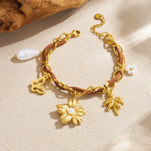 Wholesale Women's Multielement Retro Goldplated Stainless Steel Bracelet With Flower And Butterfly Pendant In Maillard Style
