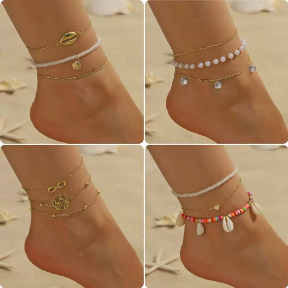 Wholesale Women's Multilayer Anklet Suit Alloy Geometric Marine Style Metal Chain With Inlaid Artificial Gemstones And Semiprecious Stones