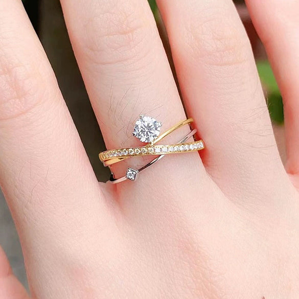 Wholesale Women's Multilayer Geometric Design Copper Ring With Fourprong Inlaid Zirconia