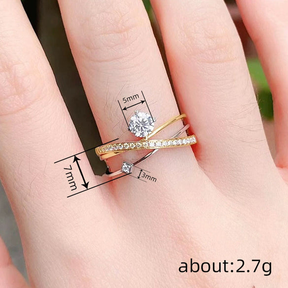 Wholesale Women's Multilayer Geometric Design Copper Ring With Fourprong Inlaid Zirconia
