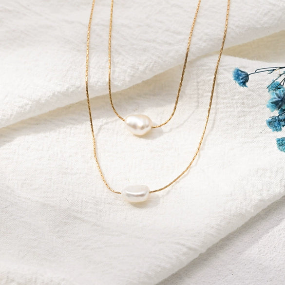 Wholesale Women's Multilayer Necklace Natural Freshwater Pearl Double Layer Stacked Copper Geometric Style