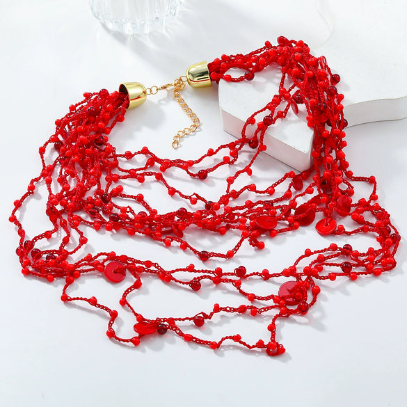 Wholesale Women's Multilayer Resin Color Beaded Necklace With Geometric Pattern Alloy Pendant And Snake Bone Chain Diamond Treated