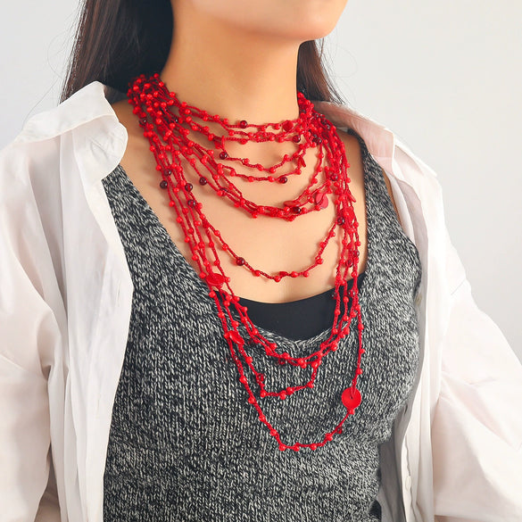 Wholesale Women's Multilayer Resin Color Beaded Necklace With Geometric Pattern Alloy Pendant And Snake Bone Chain Diamond Treated