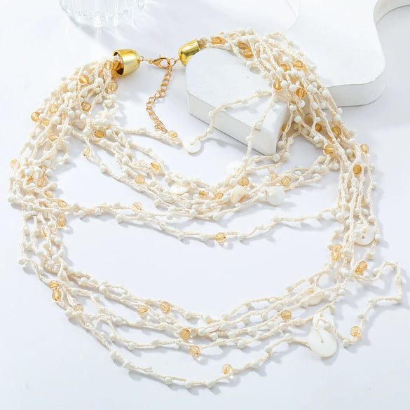 Wholesale Women's Multilayer Resin Color Beaded Necklace With Geometric Pattern Alloy Pendant And Snake Bone Chain Diamond Treated