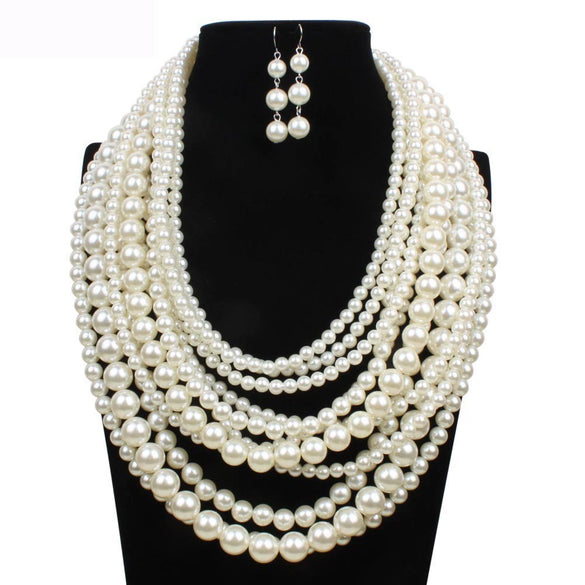 Wholesale Women's Multilayered Imitation Pearl Exaggerated Long Sweater Chain Necklace With Snake Bone Chain And Pearlescent Treatment British Retro And Geometric Style