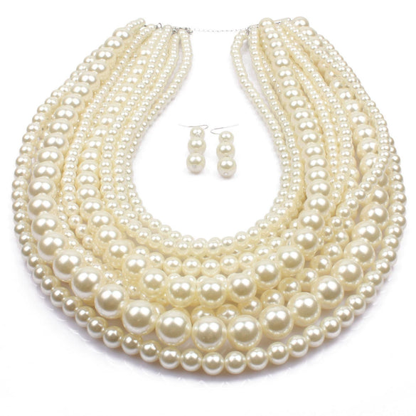 Wholesale Women's Multilayered Imitation Pearl Exaggerated Long Sweater Chain Necklace With Snake Bone Chain And Pearlescent Treatment British Retro And Geometric Style