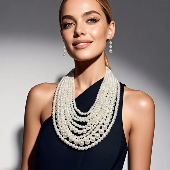 Wholesale Women's Multilayered Imitation Pearl Exaggerated Long Sweater Chain Necklace With Snake Bone Chain And Pearlescent Treatment British Retro And Geometric Style