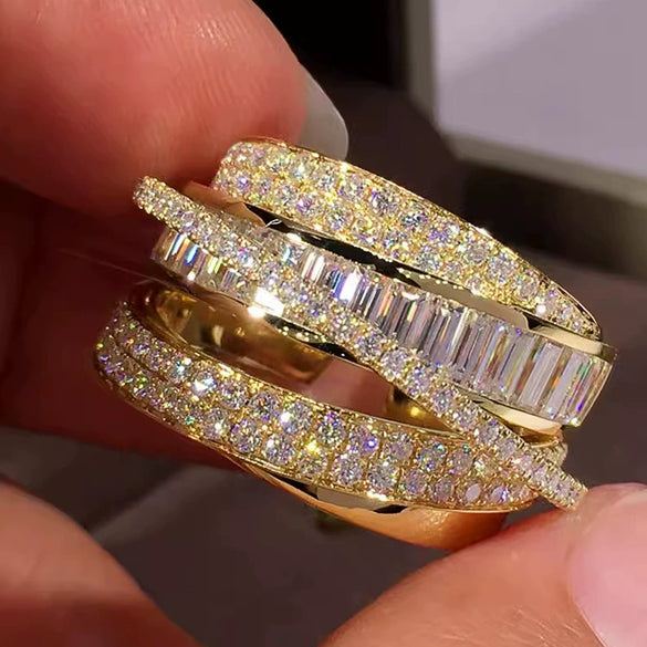 Wholesale Women's Multilayered Line Geometric Copper Zircon Ring