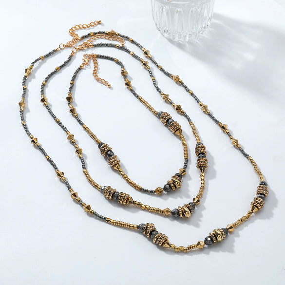 Wholesale Women's Multilayered Stone Beaded Necklace Zinc Alloy Geometric Hand Knitted Old Money Style