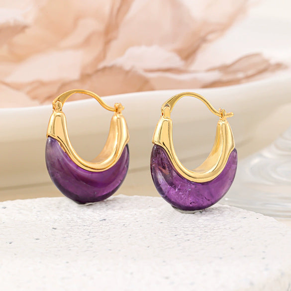 Wholesale Women's Natural Amethyst And Copper Geometric Ushaped Gold Plated Elegant Earrings