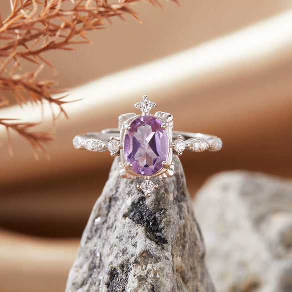 Wholesale Women's Natural Amethyst Citrine Color Geometric Crystal S925 Sterling Silver Ring Set With Crystal