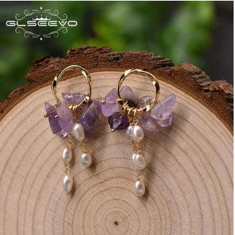 Wholesale Women's Natural Freshwater Pearl And Amethyst Geometric Earrings With Electroplating Versatile And Minimalist Style