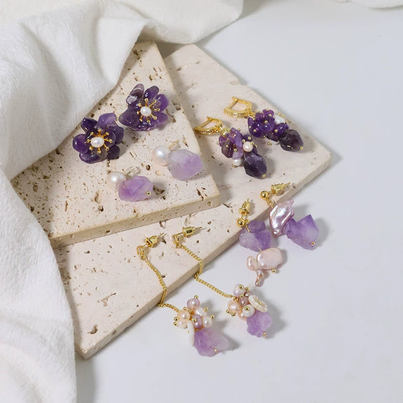 Wholesale Women's Natural Freshwater Pearl And Amethyst Geometric Earrings With Electroplating Versatile And Minimalist Style