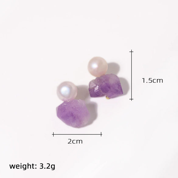 Wholesale Women's Natural Freshwater Pearl And Amethyst Geometric Earrings With Electroplating Versatile And Minimalist Style