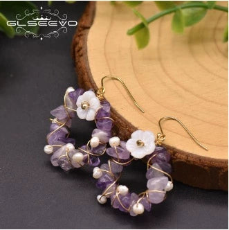 Wholesale Women's Natural Freshwater Pearl And Amethyst Geometric Earrings With Electroplating Versatile And Minimalist Style