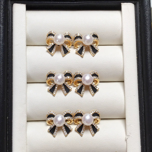Wholesale Women's Natural Freshwater Pearl Bow Earrings With S925 Sterling Silver Needle And 18K Goldfilled