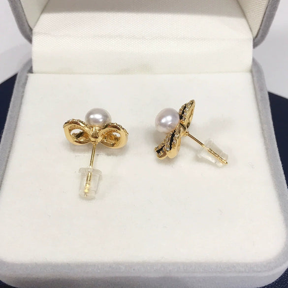 Wholesale Women's Natural Freshwater Pearl Bow Earrings With S925 Sterling Silver Needle And 18K Goldfilled