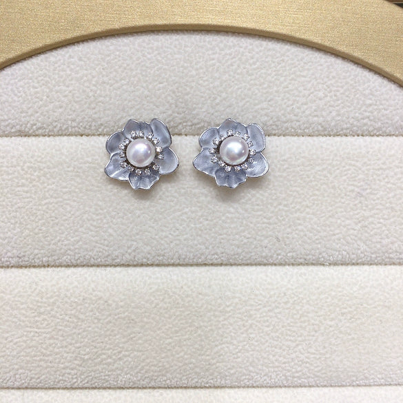 Wholesale Women's Natural Freshwater Pearl Earrings Alloy Inlaid With Artificial And Semiprecious Stones Baking Paint Oblate Shape