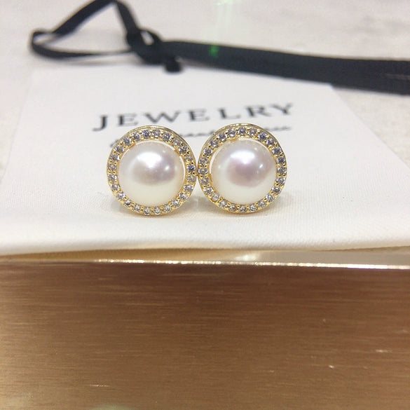 Wholesale Women's Natural Freshwater Pearl Earrings Alloy Inlaid With Artificial Gemstones And Semiprecious Stones Round Shape