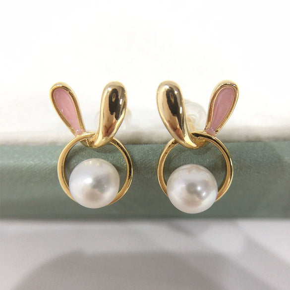 Wholesale Women's Natural Freshwater Pearl Earrings In Oblate Shape With Pink Rabbit Design S925 Sterling Silver And 18K Goldfilled