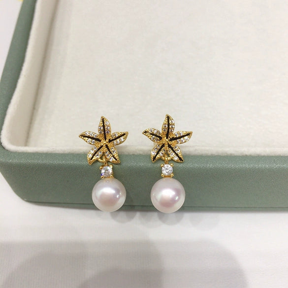 Wholesale Women's Natural Freshwater Pearl Earrings S925 Sterling Silver Needle 18K Goldfilled Smart Micropaved Zircon Starfish Shape