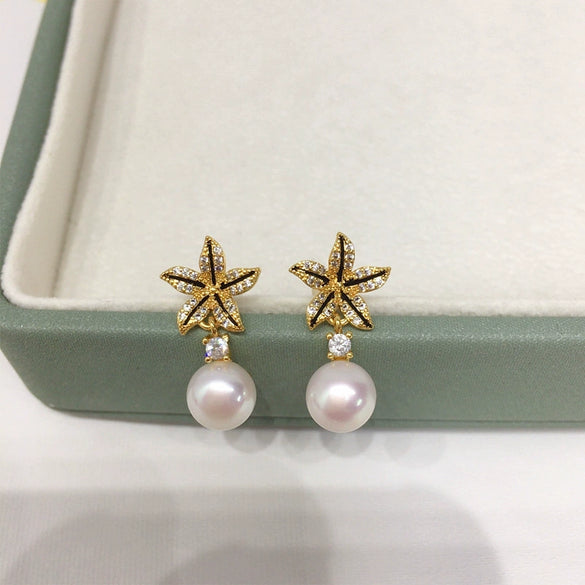 Wholesale Women's Natural Freshwater Pearl Earrings S925 Sterling Silver Needle 18K Goldfilled Smart Micropaved Zircon Starfish Shape