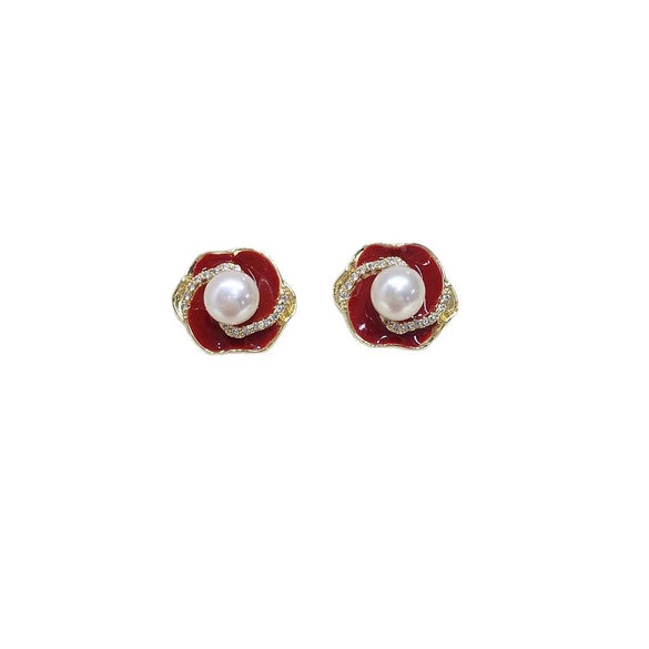 Wholesale Women's Natural Freshwater Pearl Earrings With Alloy Inlaid Artificial And Semiprecious Stones In Oblate Shape