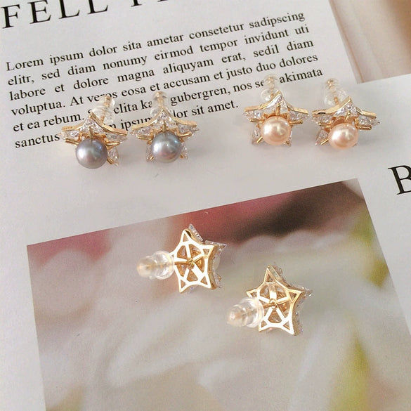 Wholesale Women's Natural Freshwater Pearl Earrings With Alloy Inlaid Gemstones And Fivepointed Star Design