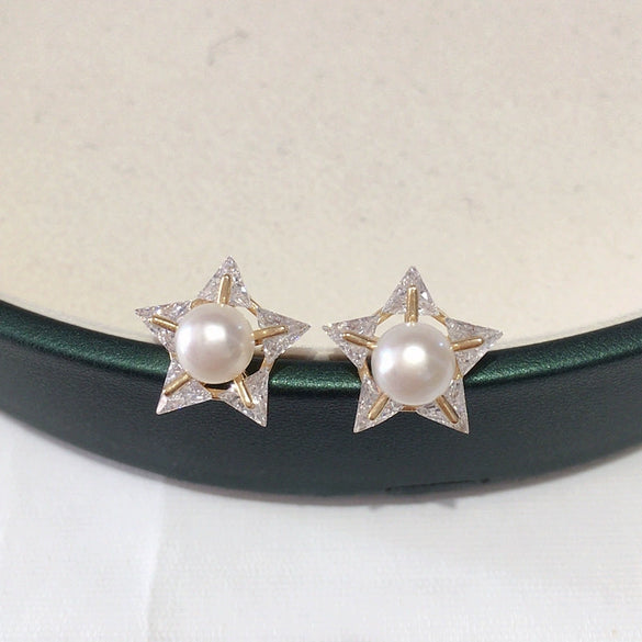 Wholesale Women's Natural Freshwater Pearl Earrings With Alloy Inlaid Gemstones And Fivepointed Star Design