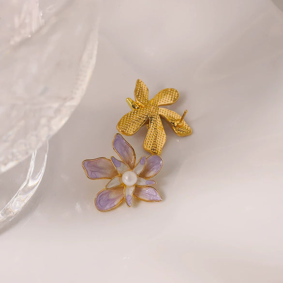 Wholesale Women's Natural Freshwater Pearl Earrings With Artistic Enamel Painted Flower And Geometric Pattern S925 Silver Needle