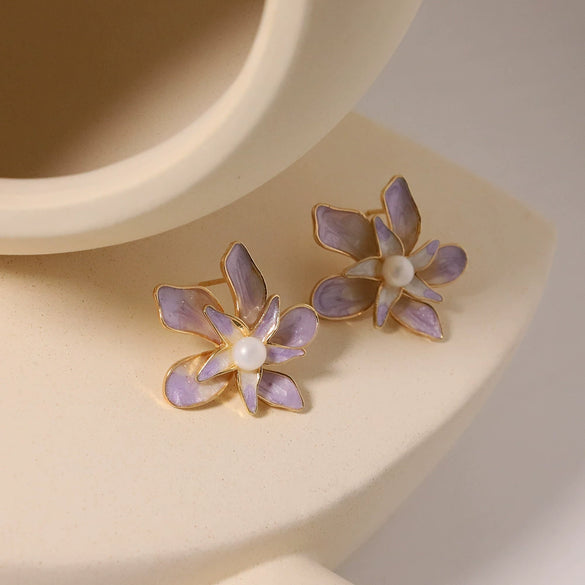 Wholesale Women's Natural Freshwater Pearl Earrings With Artistic Enamel Painted Flower And Geometric Pattern S925 Silver Needle