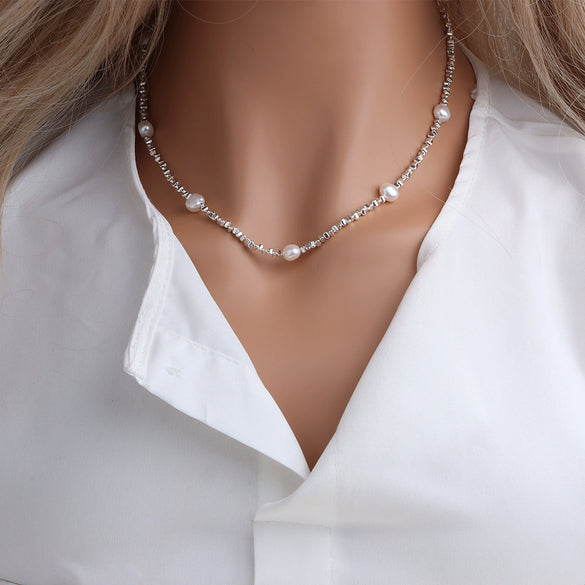 Wholesale Women's Natural Freshwater Pearl Geometric Irregular Inlaid Necklace