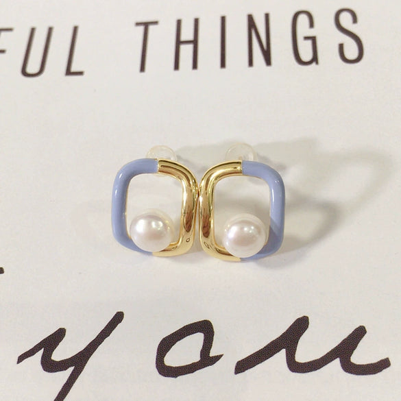 Wholesale Women's Natural Freshwater Pearl Geometric Square Oil Drop Earrings 18K Goldfilled Light Luxury Highend Style