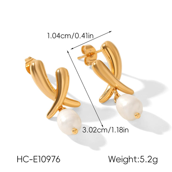 Wholesale Women's Natural Freshwater Pearl Geometric Stainless Steel Electroplated Earrings Minimalist Ins Style Jewelry