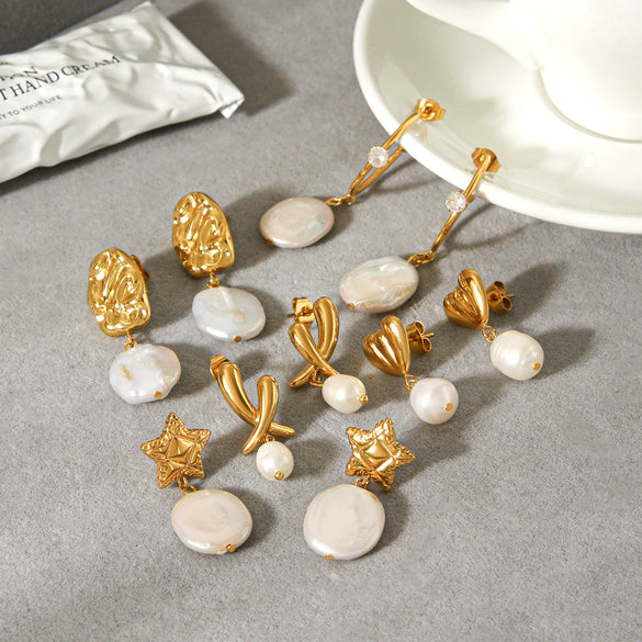 Wholesale Women's Natural Freshwater Pearl Geometric Stainless Steel Electroplated Earrings Minimalist Ins Style Jewelry