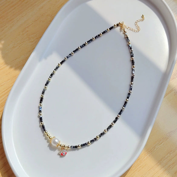 Wholesale Women's Natural Freshwater Pearl Handwoven Geometric Small Square Crystal Evil Eye Pendant Clavicle Chain Necklace